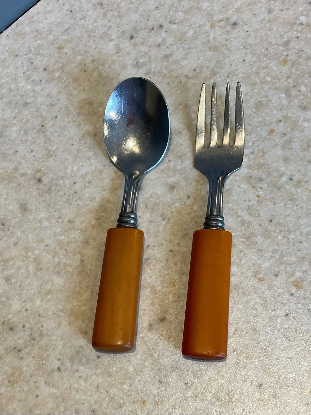 Vintage Children’s Butterscotch Bakelite Handle Fork and Spoon Set Flatware MCM